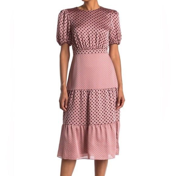 Ted Baker London Nilia dress polka dot tiered midi blush pink black puff sleeve - Picture 3 of 9